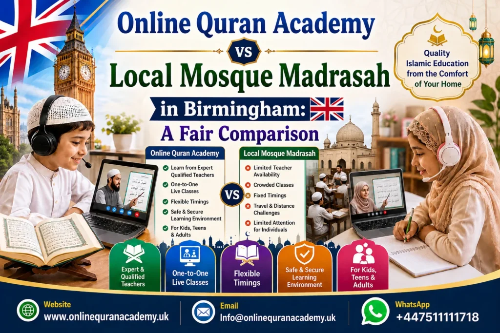Birmingham child attending a live one-to-one online Quran class next to an image of a local mosque madrasah classroom